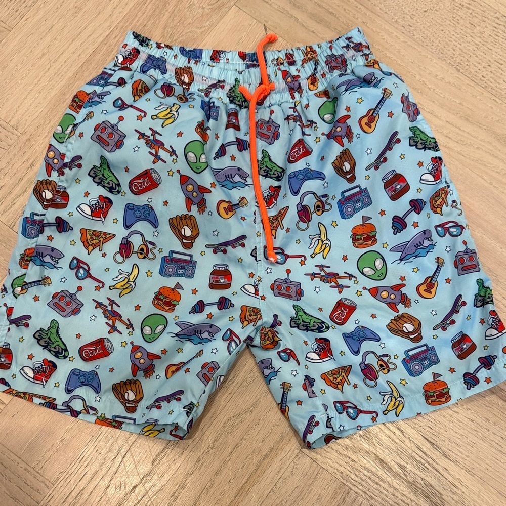 New Never Worn Lola Kids Swim Trunks with Fun Print and Orange Drawstring
